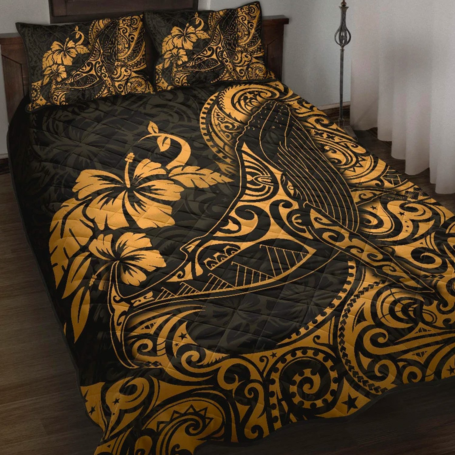 Polynesian Hawaii Quilt Bed Set – Polynesian Golden Humpback Whale – BN15