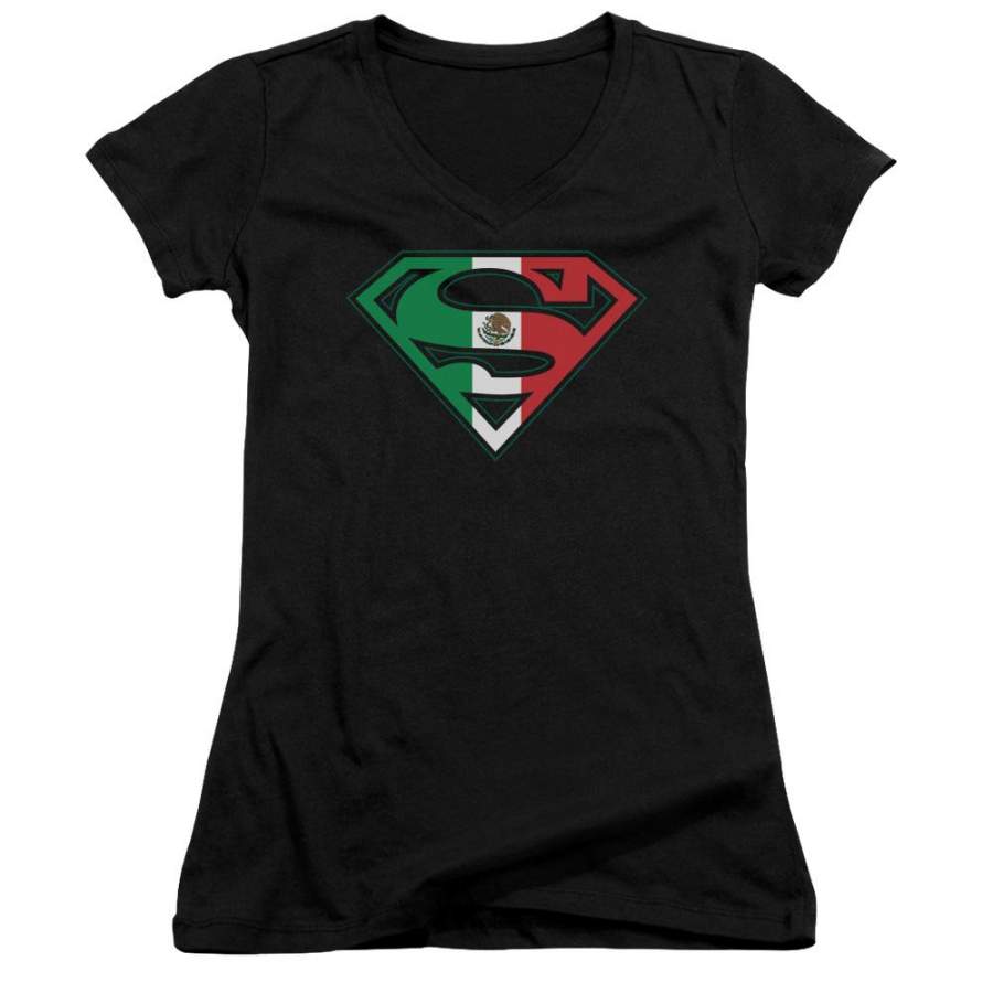 Superman Mexican Flag Shield Juniors V-Neck T-Shirt