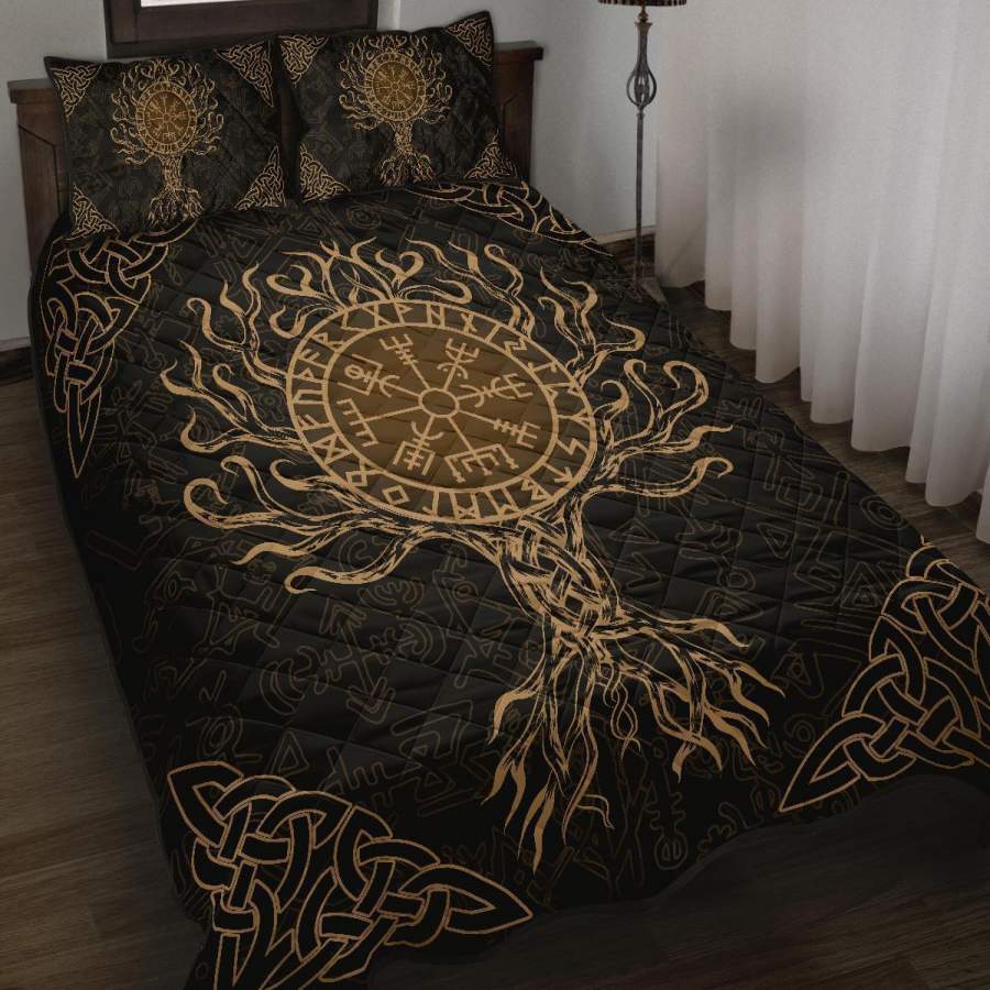 Viking Quilt Bed Set – Vegvisir Tree Of Life – Gold