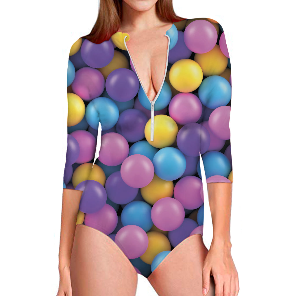 Sweet Candy Ball Pattern Print Long Sleeve One Piece Swimsuit