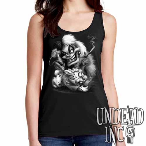 Villains Cruella De Vil Tattooing White Rabbit – Ladies Singlet Tank Black Grey