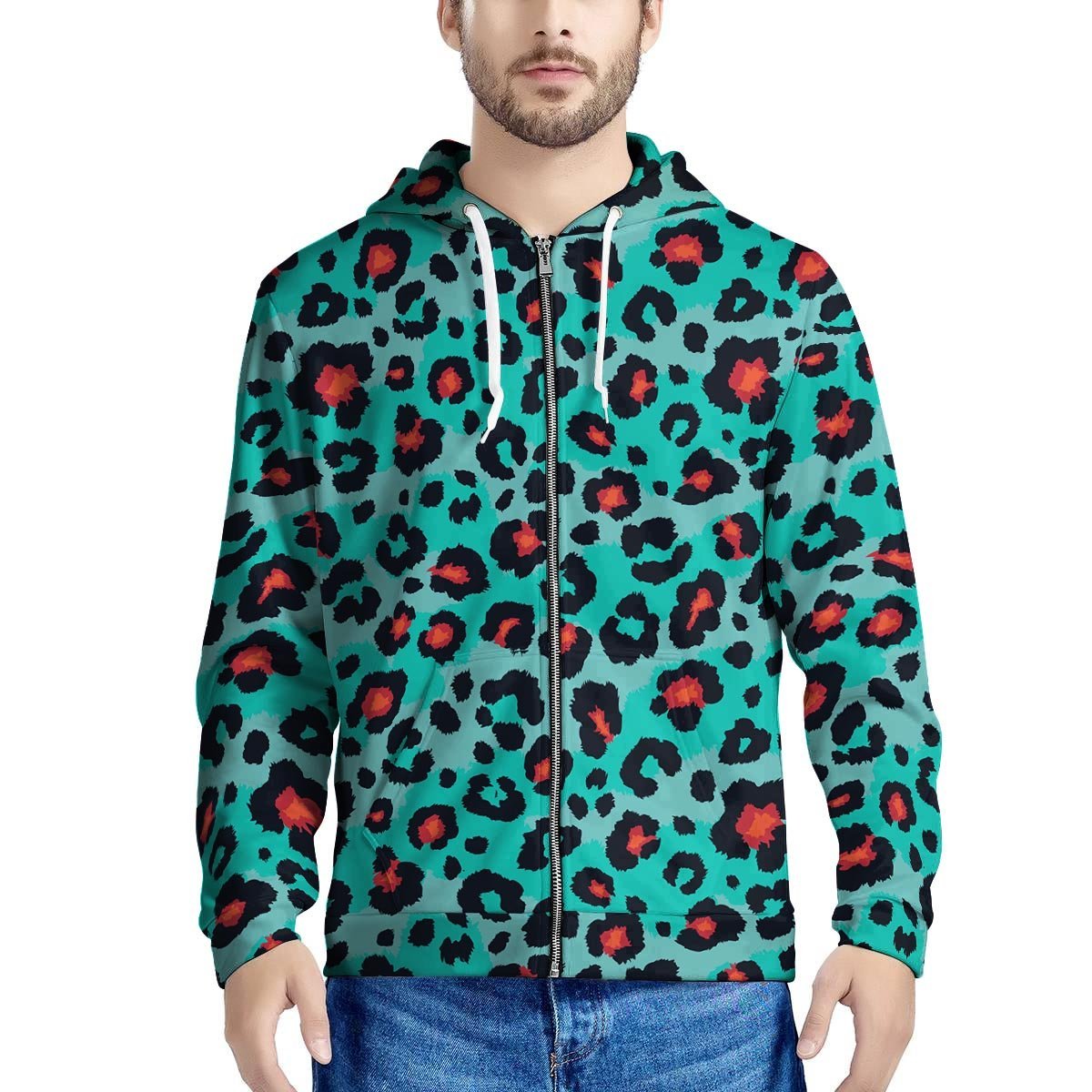 Teal Leopard Men’S Zip Up Hoodie