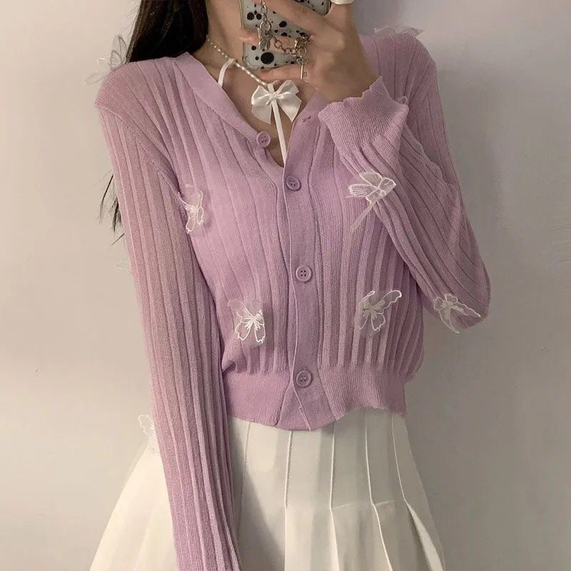 Autumn 2022 Cute Butterfly Knitted Cardigan Women Korean Sexy V-Neck Short Sweater Jacket Summer Long-sleeved Sunscreen Crop Top alx