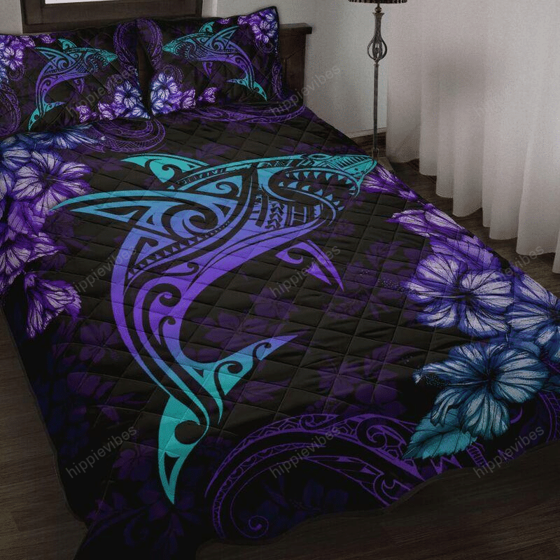 Beautiful Shark Hibiscus Hawaii Quilt Bed Set