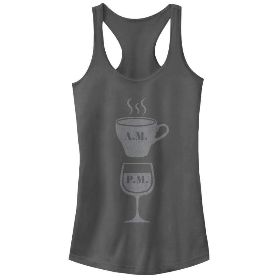 CHIN UP Junior’s Coffee AM Wine PM  Racerback Tank Charcoal