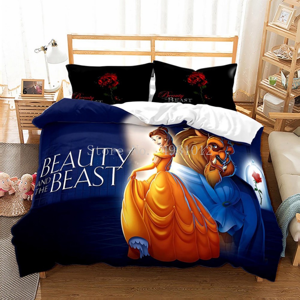 Blue Beauty And The Beast Pattern Duvet Cover Set Cover Set With Pillowcase Cartoon 3D Bedding Sets For Home Decor