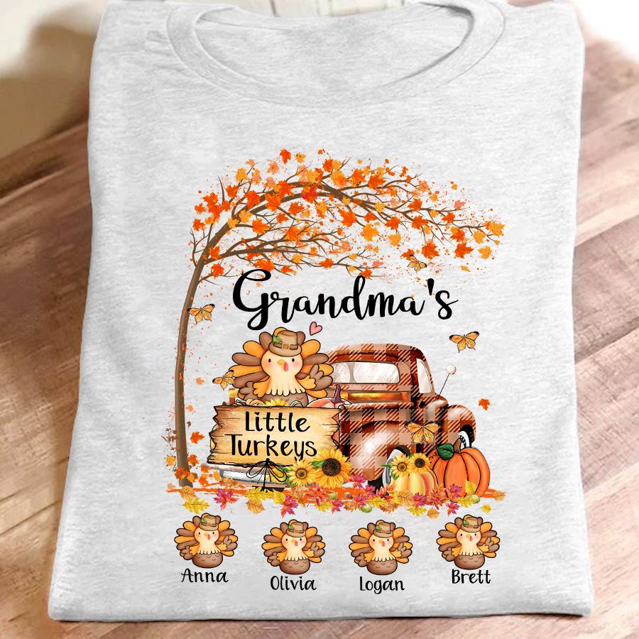 Personalized Grandma’S Little Turkeys Happy Thanksgiving With Grandkids Shirt Gift