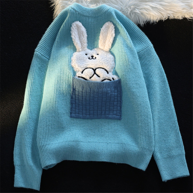 ZAZOMDE 2022 New Rabbit Pocket Sweater Cartoon Jacquard Loose Sweater Autumn Winter Pullover Casual Rabbit Knitted Sweater Men alx