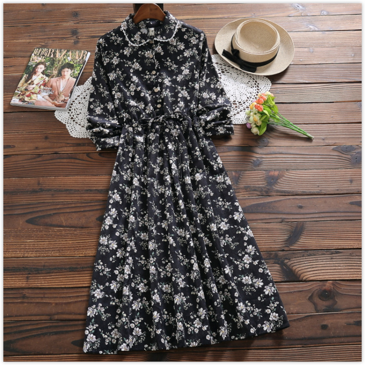 Autumn winter elegant floral print dress new fashion long sleeve cotton casual dress mori girl vestidos alx