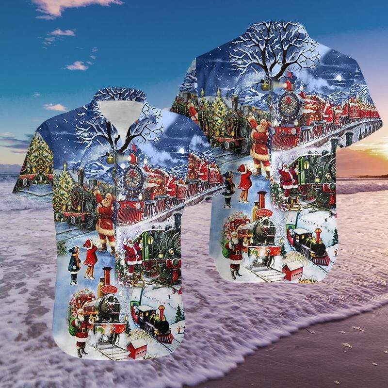 Amazing Christmas Train Santa Claus Hawaii Aloha Shirts Ha18627