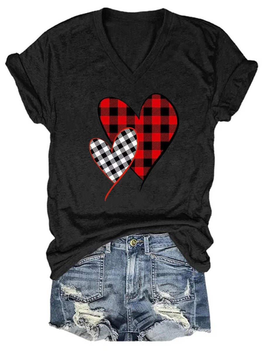 Women’S Valentine Leopard Plaid Heart V-Neck T-Shirt