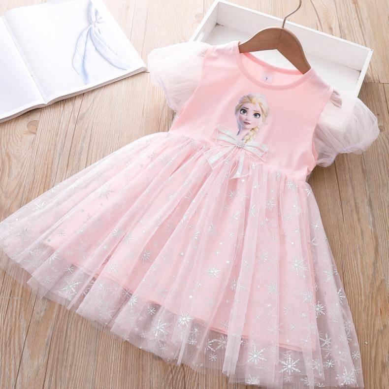 Summer Kids Dresses for Girls Mesh Short Sleeve Princess Dress Frozen Elsa Bow Tie Pretty Toddler Children Clothes Vestidos alx