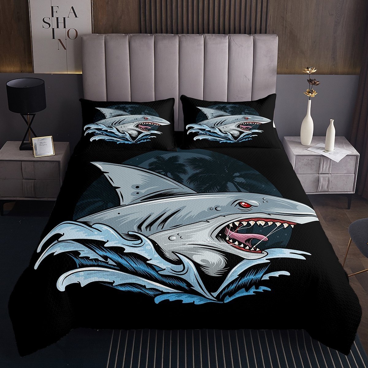 Shark Quilt Deep Sea Animal Coverlet Set With Red Eyes Bedspread Splash Spray Ocean Wave Daybed For Kids Boys Girls  Child Dorm Decor Blue Black