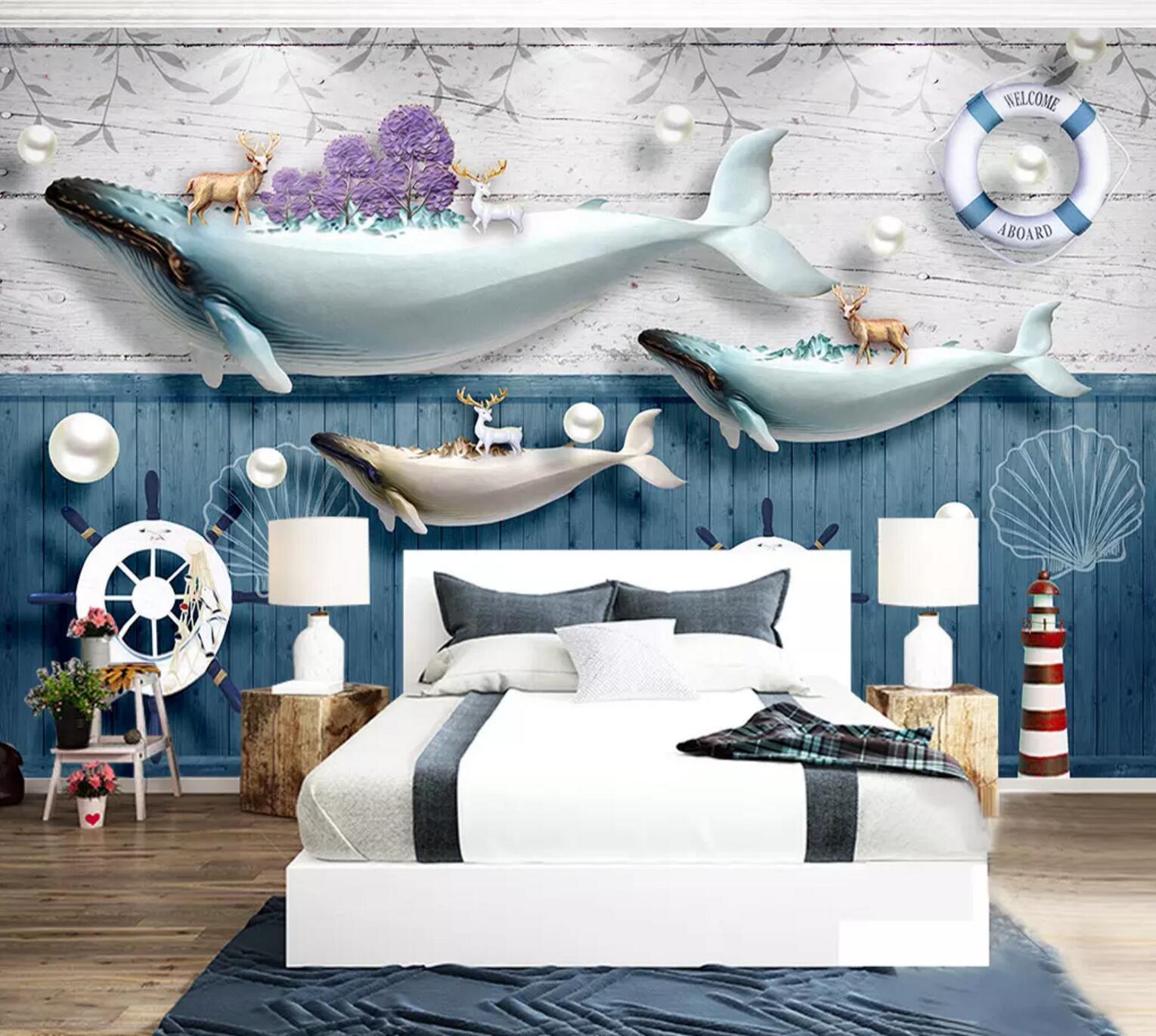 3D Colorful Whales Reindeer Decorations Wall Mural Wallpaper 65