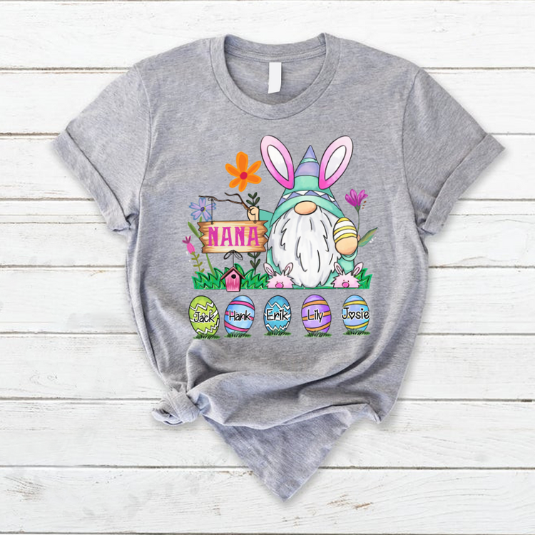 Personalized T-Shirt For Grandma Nana Bunny Gnome & Easter Eggs Printed Custom Grandkids Name Happy Easter Day Shirt