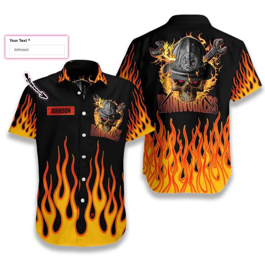 Custom Name Ironworker Skull Fire Hawaii Aloha Shirts Ha96900