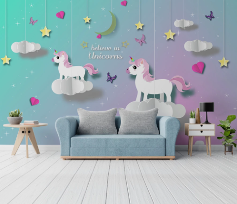 3D Cartoon Animal Unicorn Cloud Wall Mural Wallpaper Lqh 611