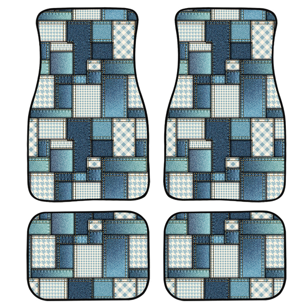 Plaid And Denim Patchwork Pattern Print Front And Back Car Floor Mats, Front Car Mat