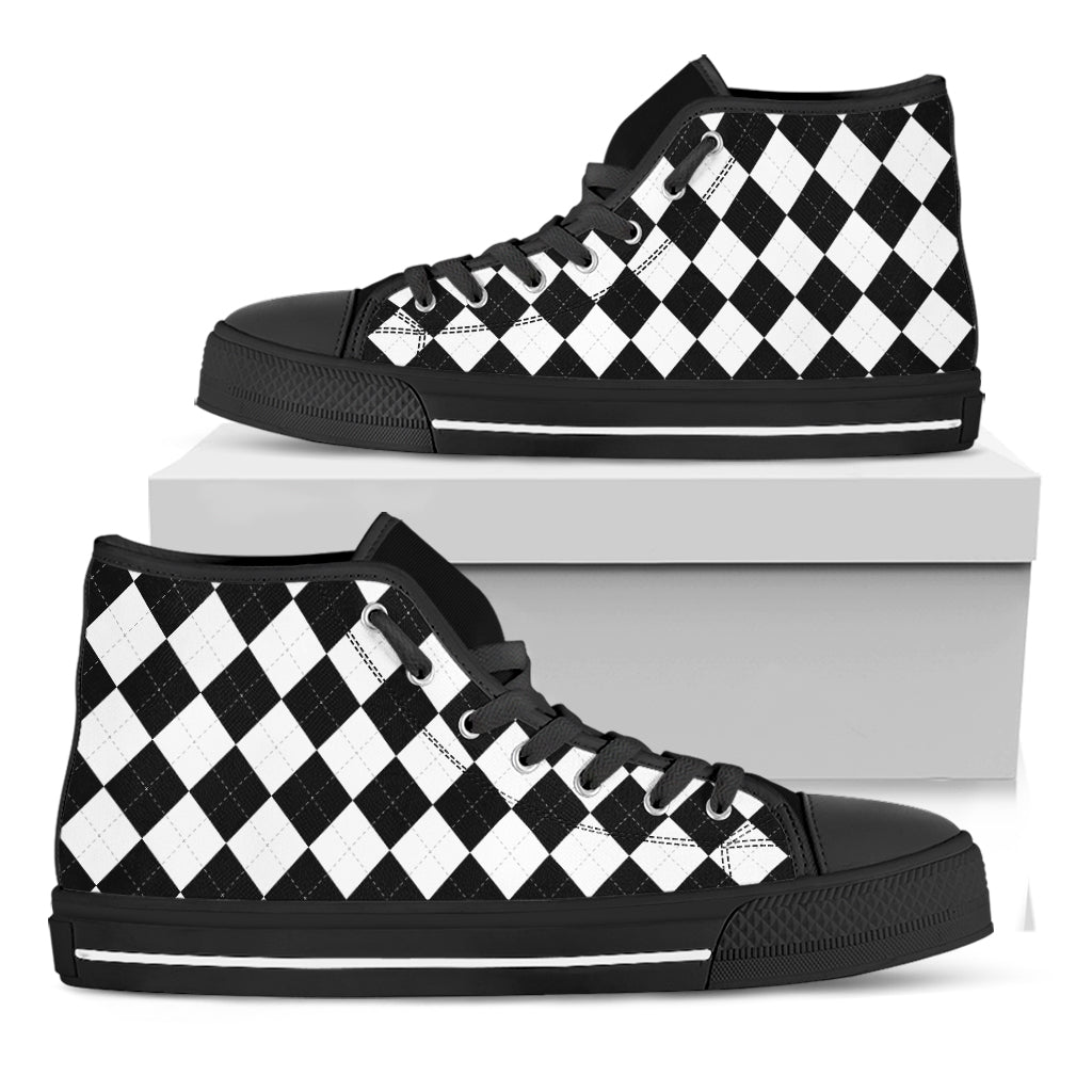 White And Black Argyle Pattern Print Black High Top Shoes