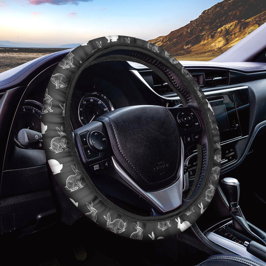 Black And White Rabbit Pattern Print Car Steering Wheel Cover