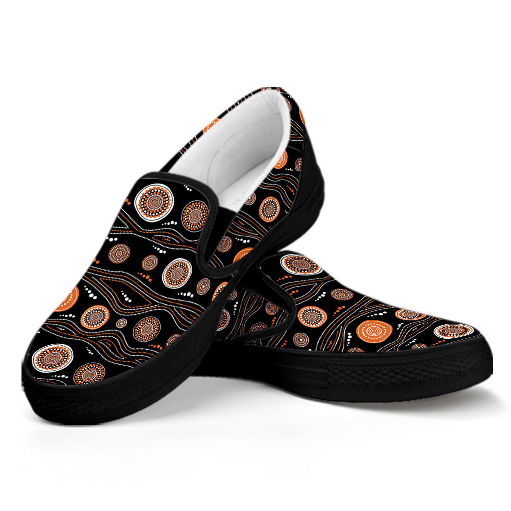 White And Orange Aboriginal Dot Print Black Slip On Shoes