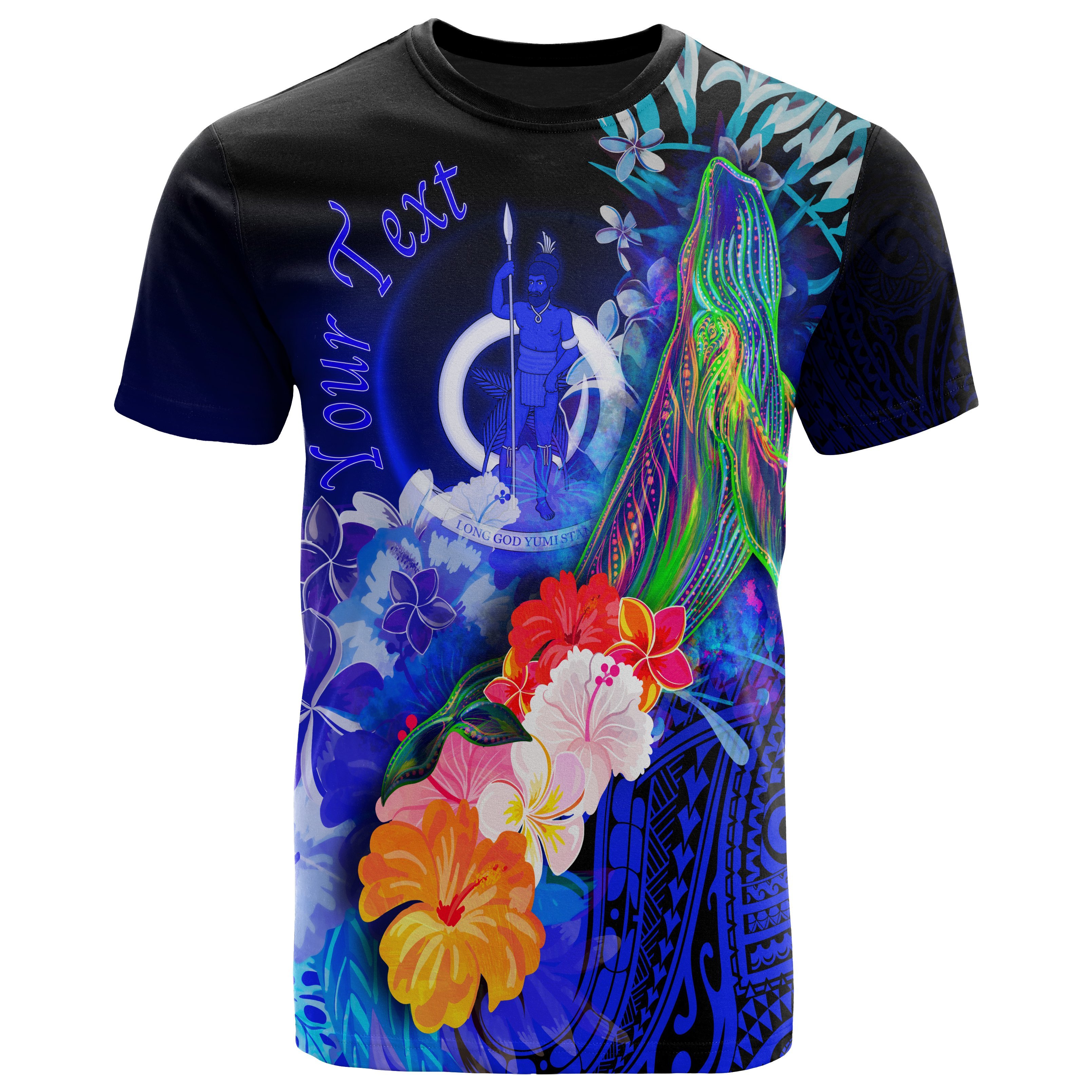 Vanuatu Personalised T-Shirt – Humpback Whale with Tropical Flowers (Blue)- BN18