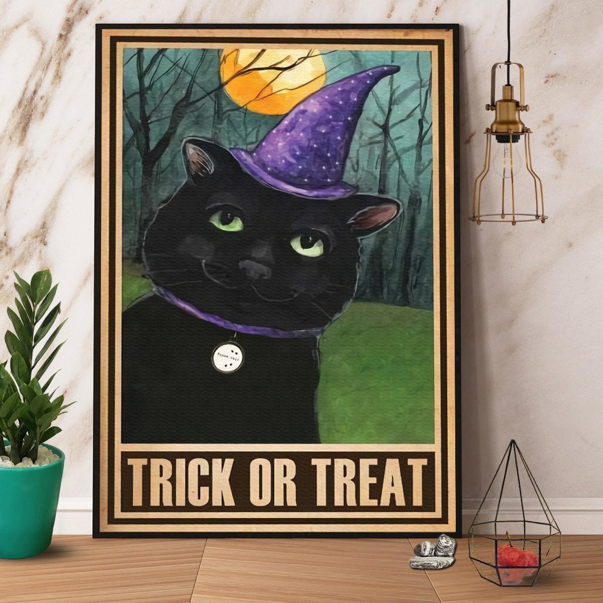 Black Cat Witch Halloween Trick Or Treat Poster No Frame Matte Canvas, Wall Decor Visual Art