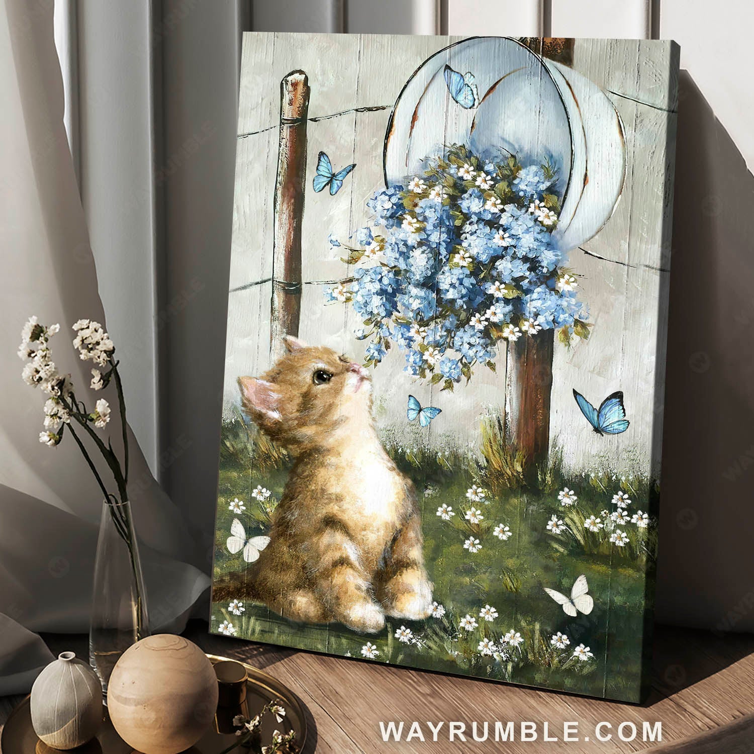 Cute Kitten, Blue Flower, White Daisy, Flying Butterflies – Jesus Portrait Canvas Prints, Christian Wall Art