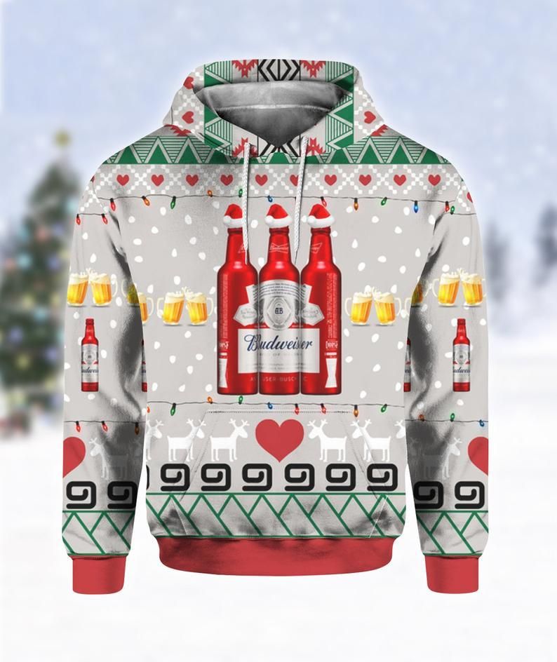 Budweiser Beer Red Bottles 3D Print Ugly Christmas Hoodie 3D Size S To 5Xl