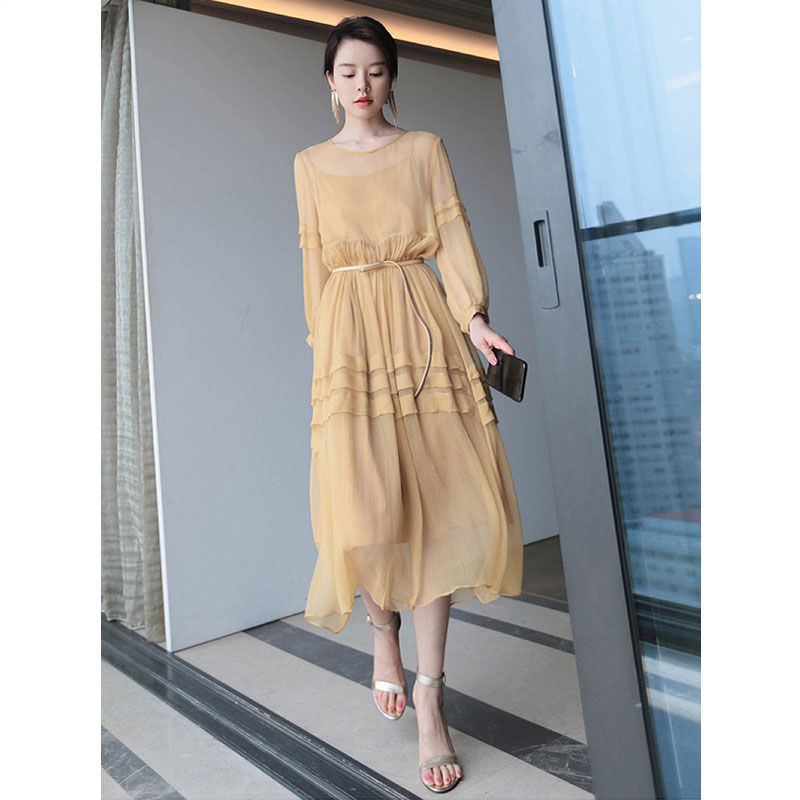 Chic Korean Clothes Design Spring Womens O-Neck Elegant Lady Retro Vintage Long Dress Party Clothing Office Lady Dresses alx