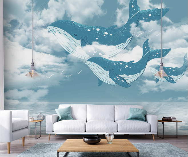 3D Hand Drawn Sky Cloud Whale Wall Mural Wallpaper Lqh 25