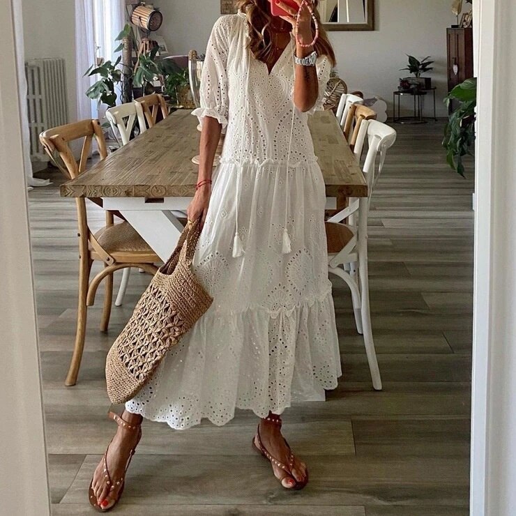 Bohemian Dress Long Women Summer Loose Maxi Dresses Vintage White Dress Embroidery Hollow Out Woman Elegant Beach Office Dresses alx