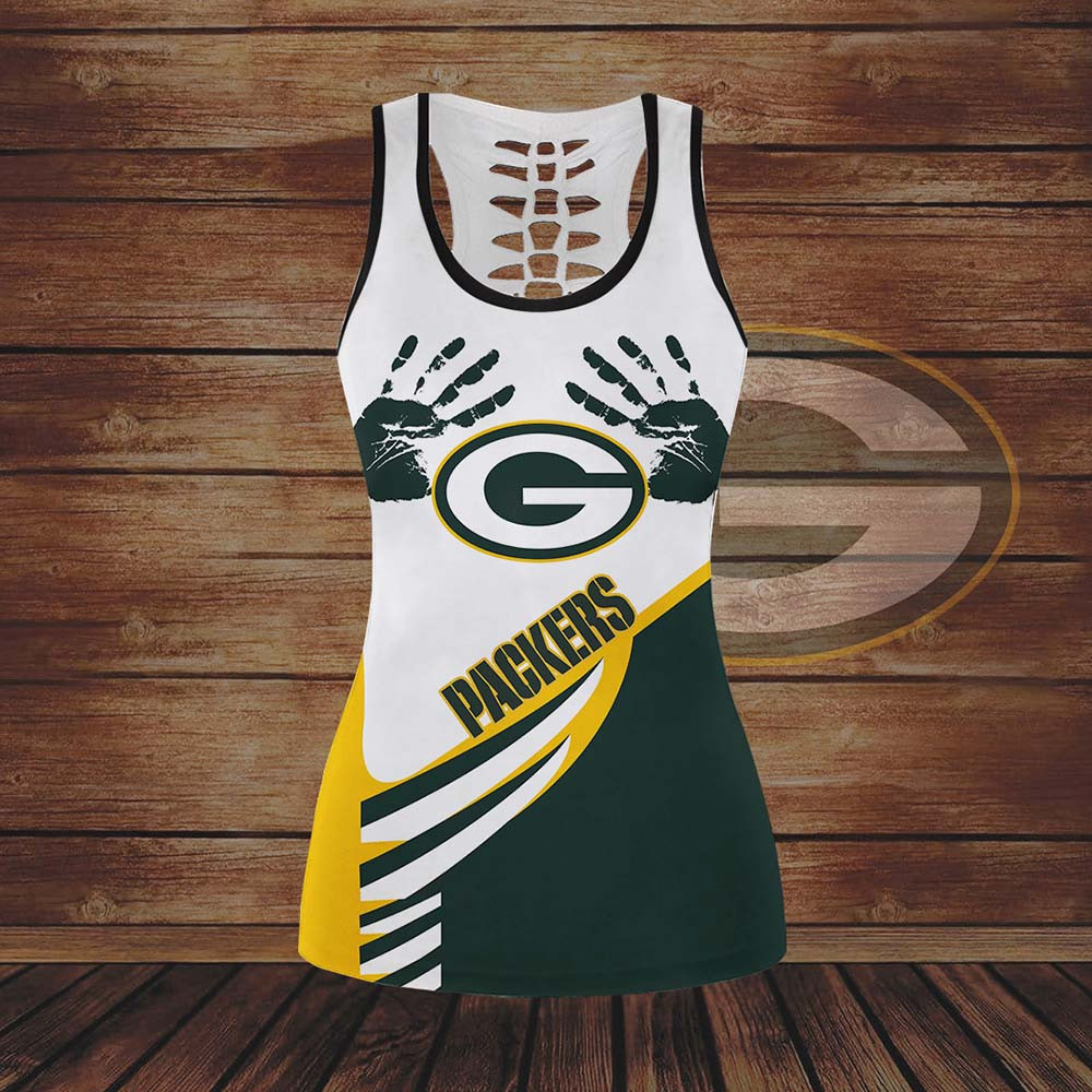 Green Bay Packers Handprint All Over Print 3D Hollow Tank Top & Leggings – White Dark Green