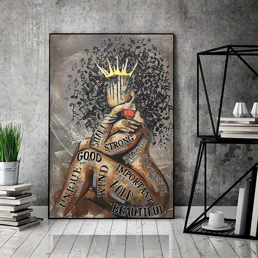 Afro Girl Music And Wine, Black Queen Poster, I’M Strong Smart Beautiful – Best Idea Gift For Dog Lover, Gift For Home Decor, Gift For Family – Horizontal Canvas Matte Canvas Wall Art