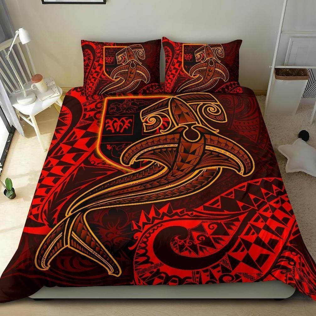 Alohawaii Bedding Set – Cover And Pillow Cases Fiji  – Red Shark Polynesian Tattoo – Bn18