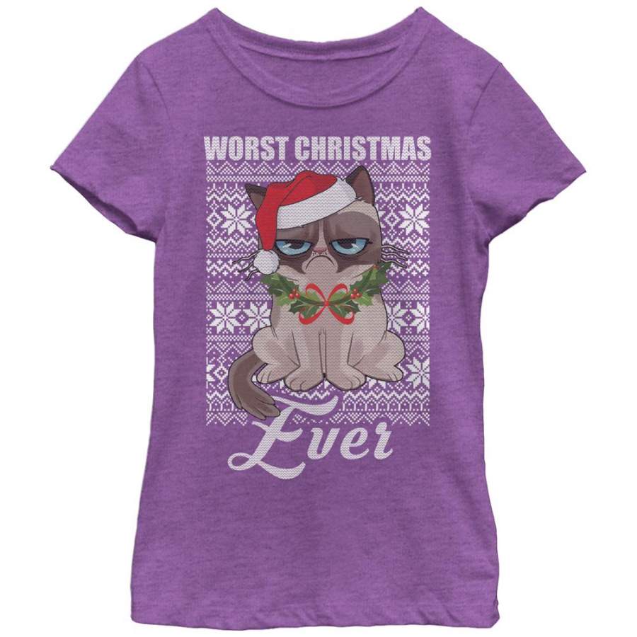 Grumpy Cat Girl’s Ugly Christmas Worst Ever  T Shirt Purple Berry