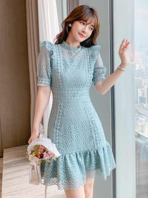 SMTHMA 2022 New Fashion Summer Lace Dress Female Hollow Out High-End Temperament Sweet Elegant Ruffle Dresses Vestidos alx