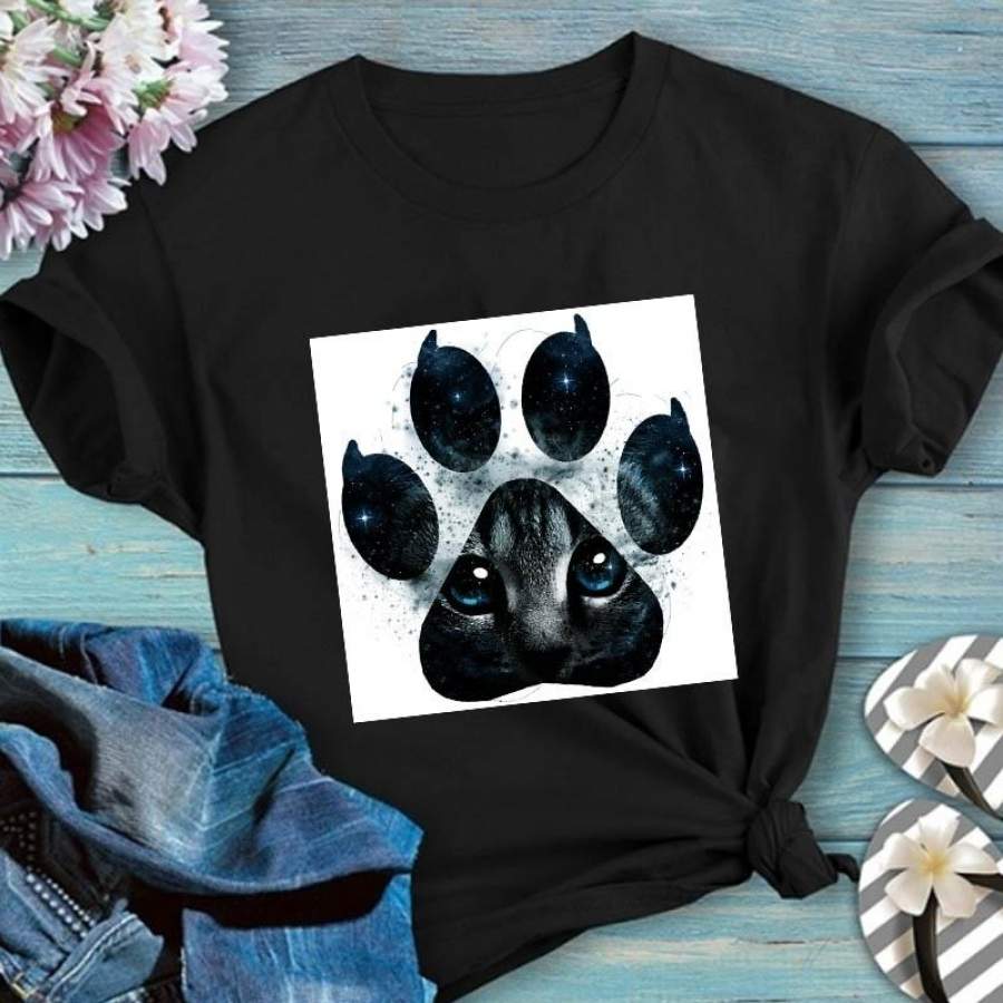 Women Fashion Letter Printed Cool Wolf Paw T-Shirt Funny T Shirt Casual Short Sleeve Round Neck Cat Printed Tee Top For Cat Lovers