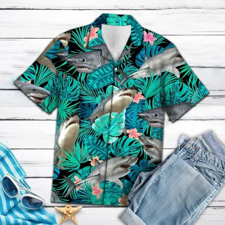 Angry Shark Tropical Jungle Design Hawaii Shirt Ha38071