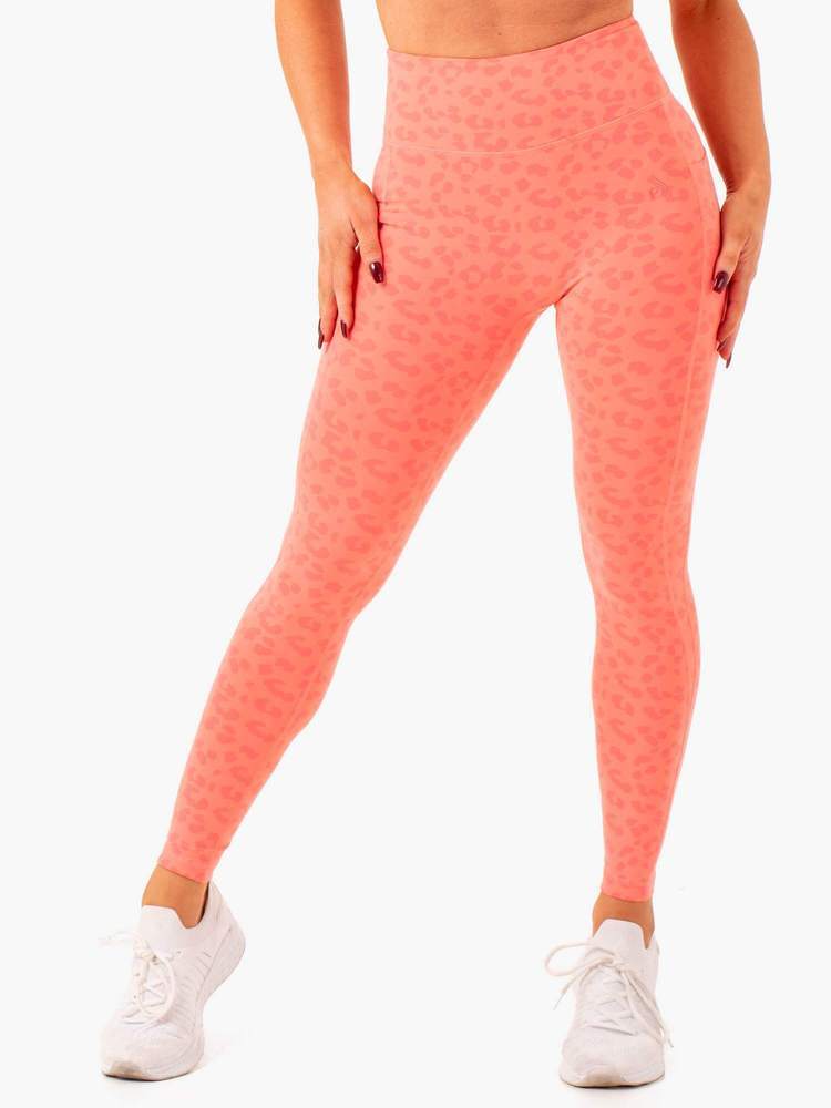 Ultra High Waisted Full Length Leggings Coral Leopard