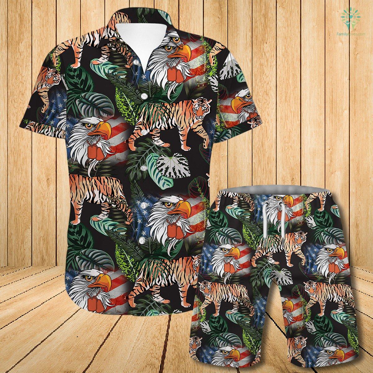 American Eagel Dogtag Veteran Tiger Tropical Hawaiian Shirt Set Unisex