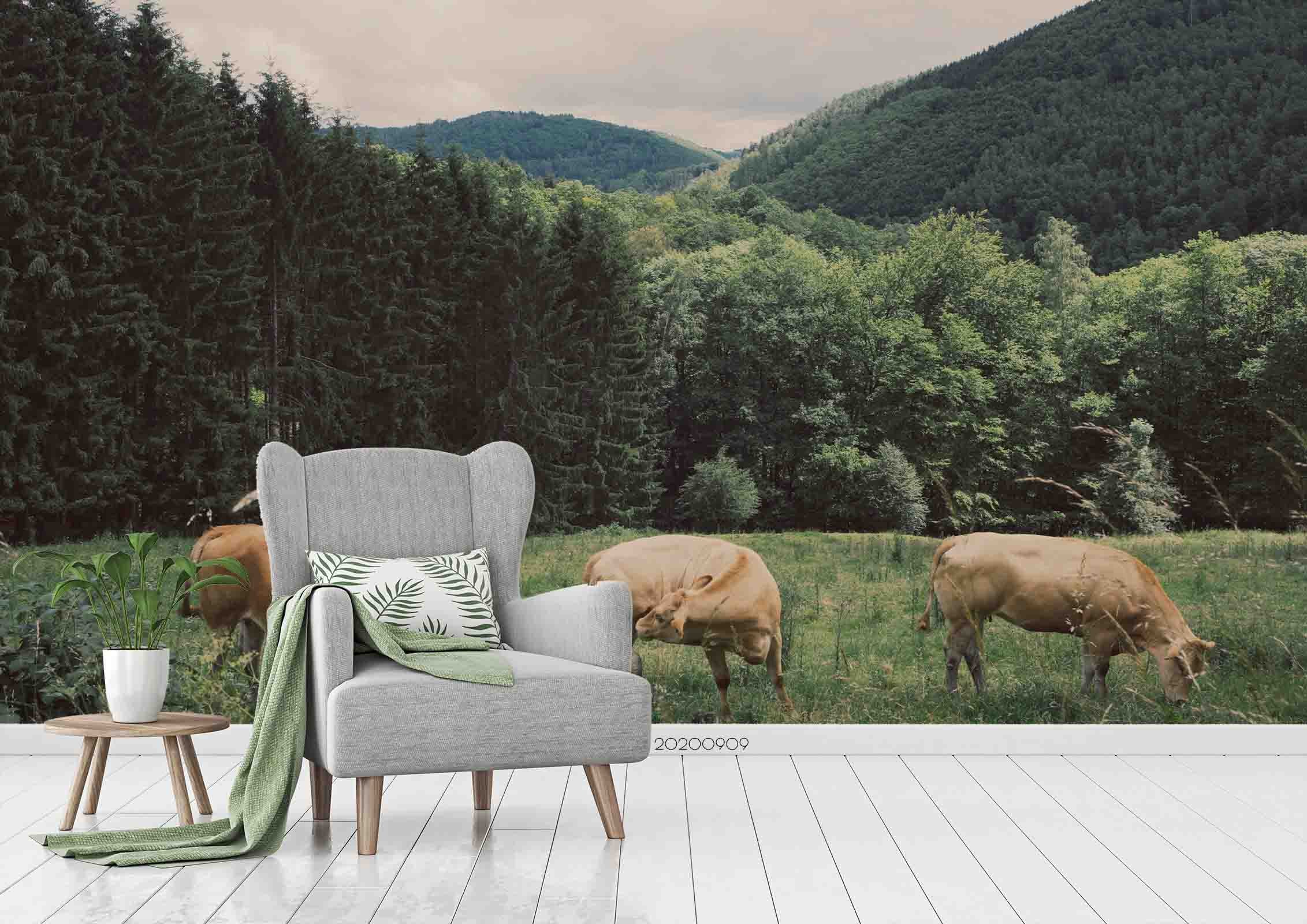 3D Green Forest Mountain Cow Animal Wall Mural Wallpaper Lxl