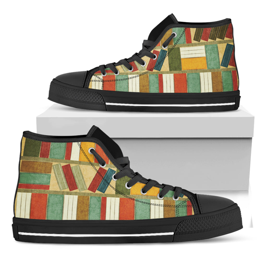 Watercolor Bookshelf Pattern Print Black High Top Shoes