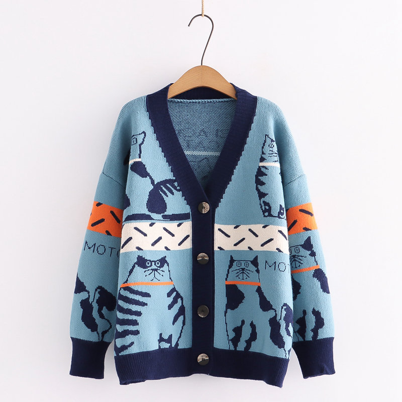 Women’s Sweater Clothing Fashion Cat Animal Cardigan Woman Oversized Tops Loose Buttons Printed Cartoon Cat Cute Sweater 2022 alx