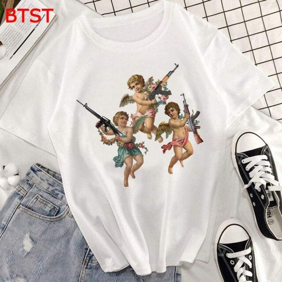 Women Clothes Angels with Guns Casual 100% Cotton Aesthetic Graphic T Shirts