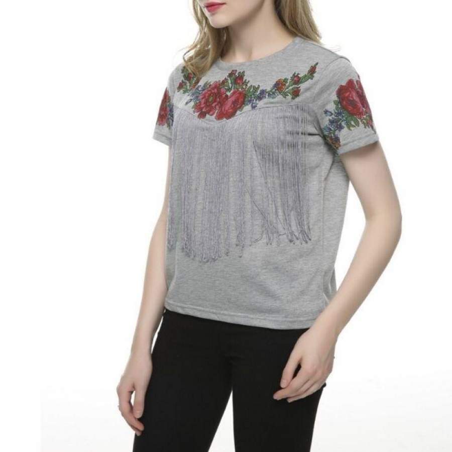 Women Tassel Floral Print T Shirt Vintage Red Rose Tees O Neck Short Sleeve Shirts Casual Slim