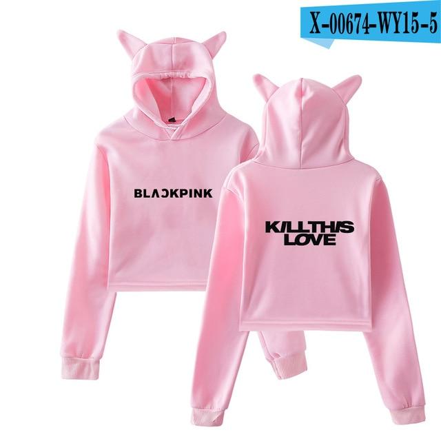 Blackpink Kill This Love Lisa-Rose-Jennie Crop Hoodie Fans Sexy  Cat Ear Cropped Hooded Sweatshirt