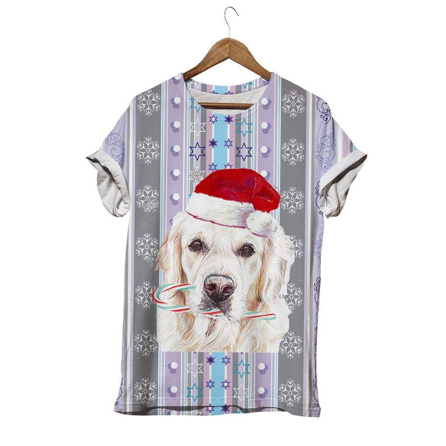 Puppy Dog In Santa Claus Hat With Snowflake Winter Striped Golden Dog T-shirt