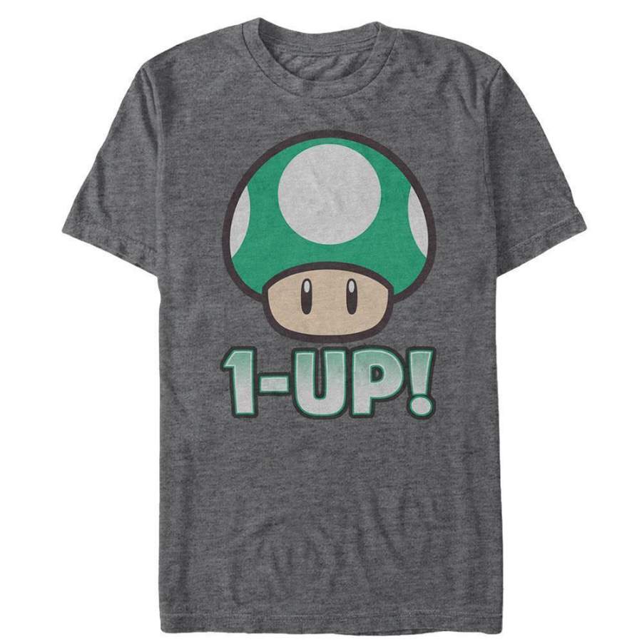 1-Up Green Mushroom – Super Mario Nintendo T-Shirt, Heather Charcoal