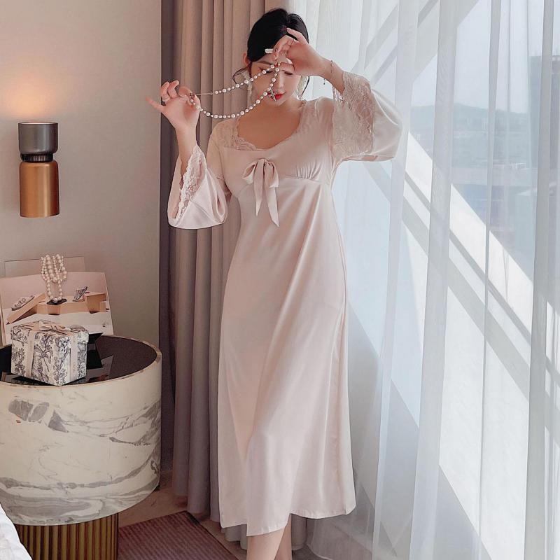 Autumn New Satin Nightgown Women Sleepwear Sleepdress Lace Patchwork Nightdress Sexy Intimate Lingerie Home Dressing Gown alx